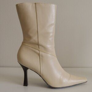 Gianni Bini Joely Cream Leather Pointed Toe Heeled Boots